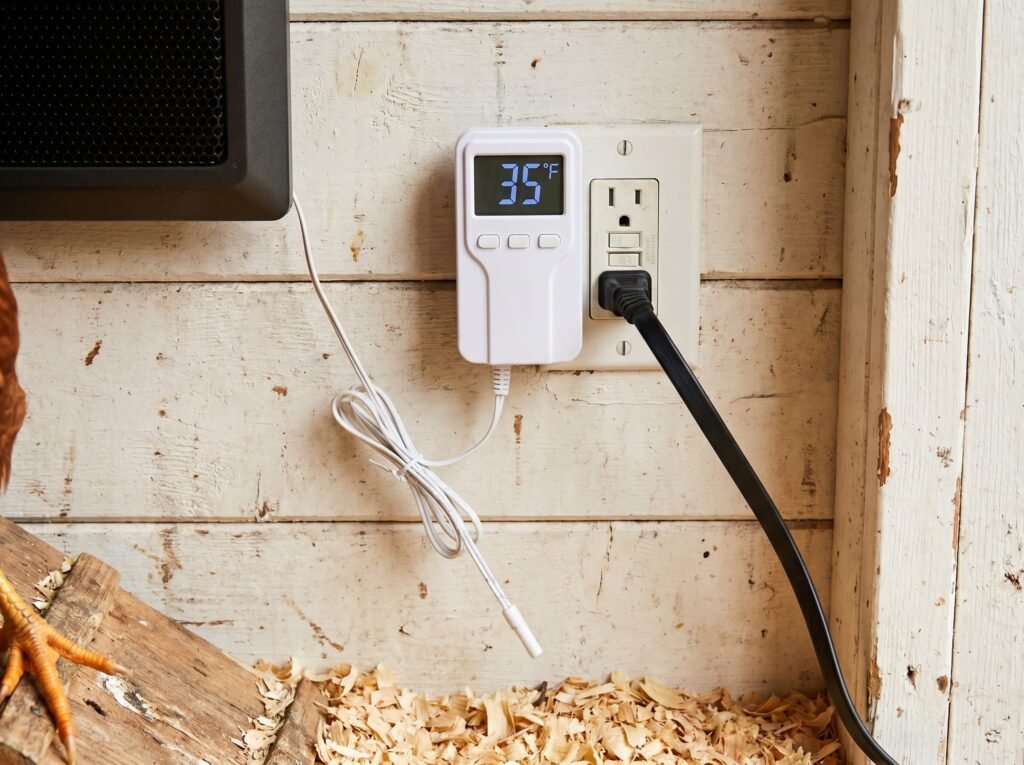 plug-in thermostat controller set to 35 degrees Fahrenheit in a chicken coop outlet