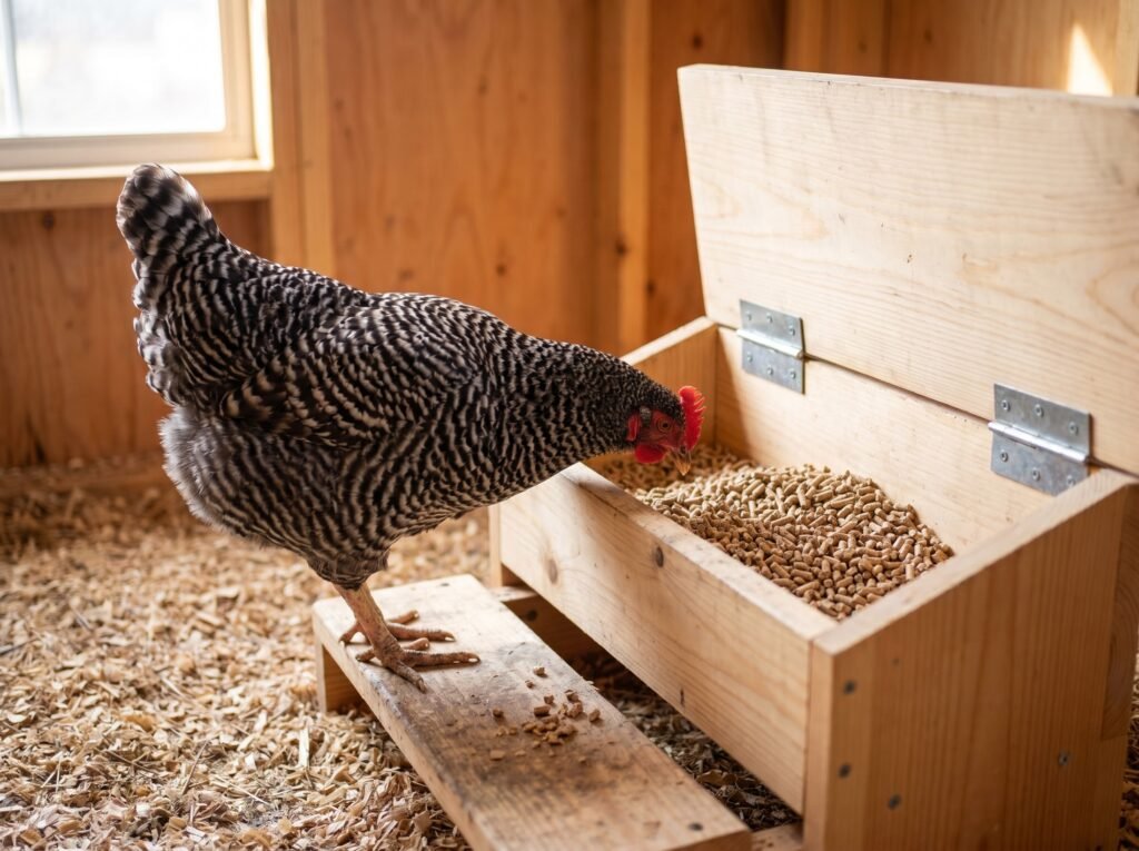 Barred Plymouth Rock hen stepping on a wooden treadle feeder to access layer pellets