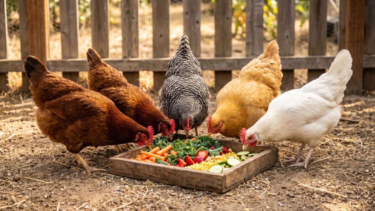Mixed backyard flock of hens pecking at a tray of fresh vegetable and fruit treats in a sunny run