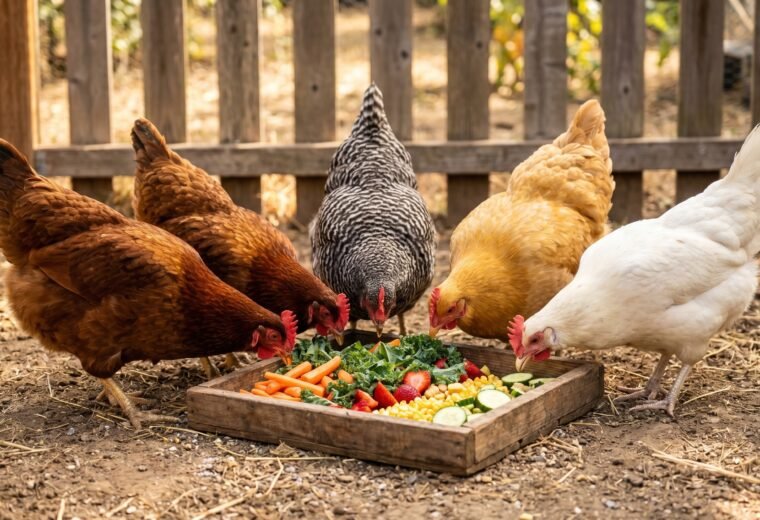 Mixed backyard flock of hens pecking at a tray of fresh vegetable and fruit treats in a sunny run