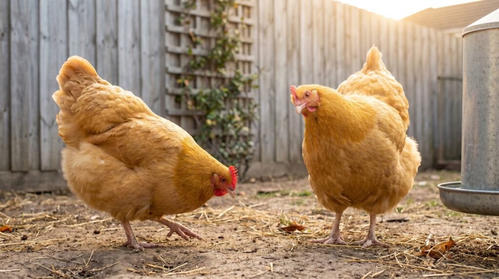 Two calm Buff Orpington hens foraging in a small enclosed urban backyard run
