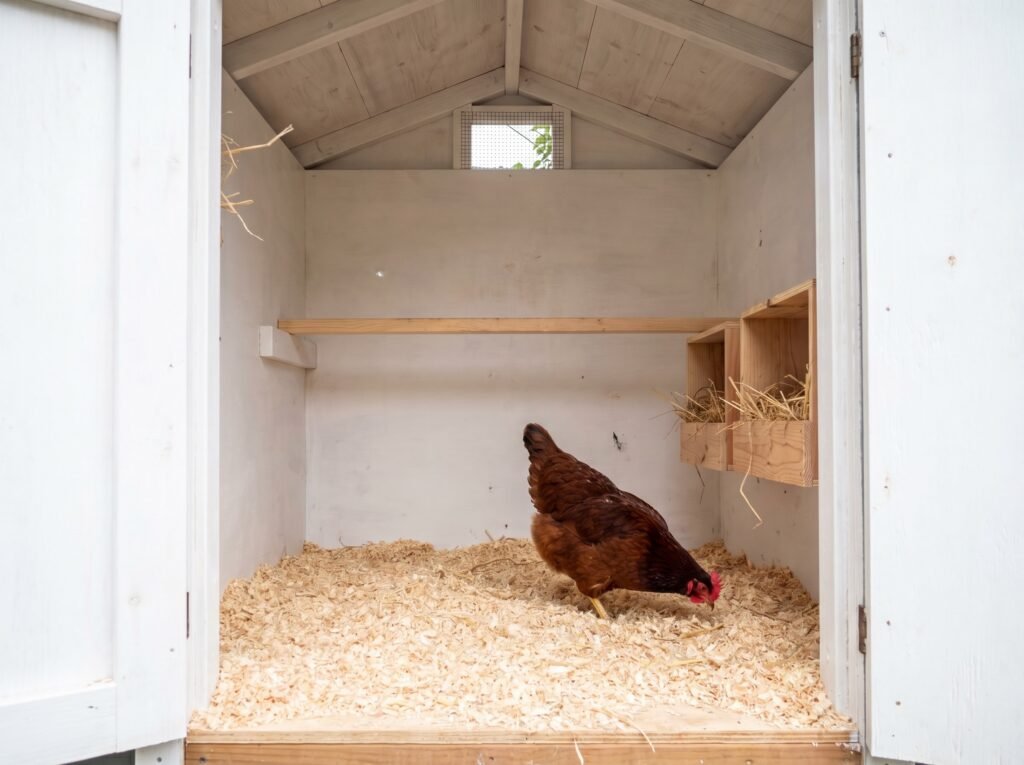 Inside view of a small urban chicken coop showing nest boxes, roost bar, and dry bedding