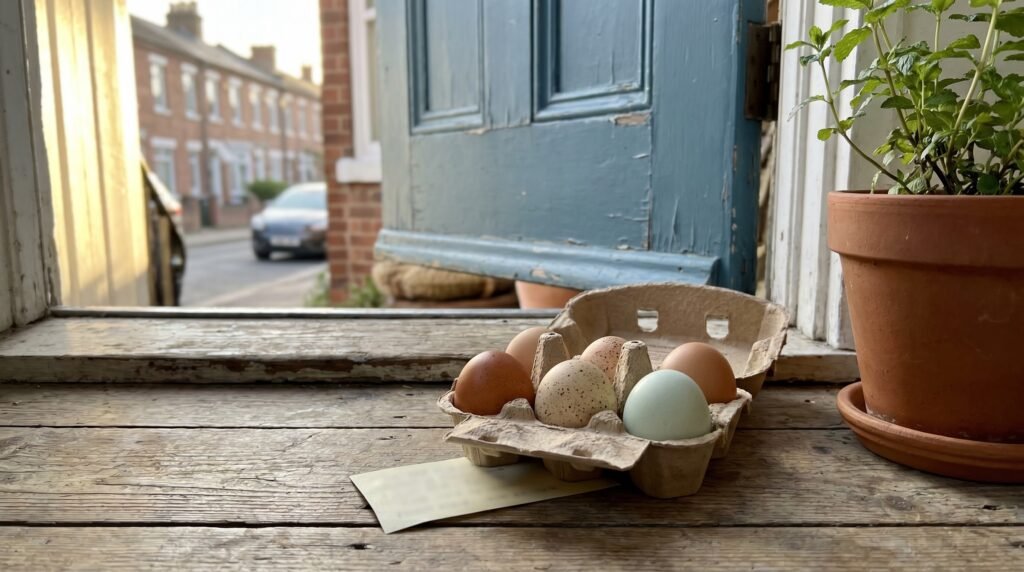 Fresh brown and blue-green eggs in a carton left on a neighbor's doorstep as a gift