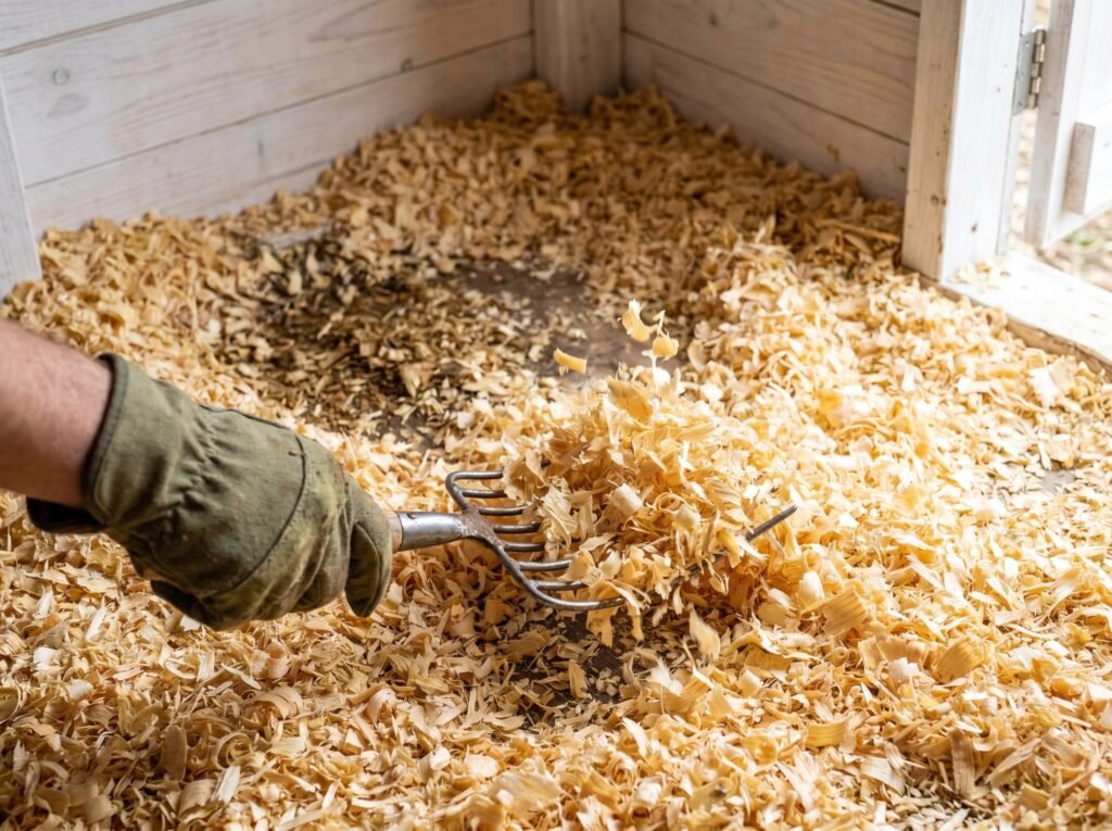 Gloved hand stirring dry pine shaving bedding in a clean small chicken coop floor