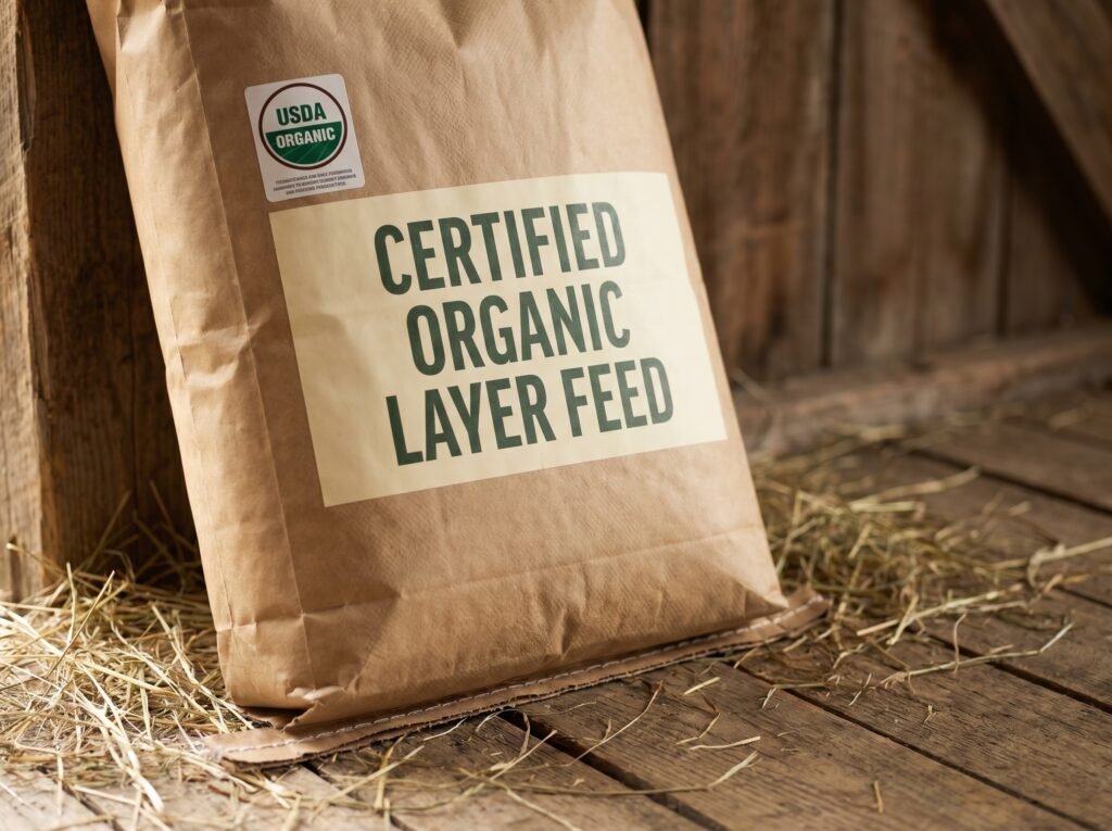 USDA certified organic layer chicken feed bag propped against barn boards