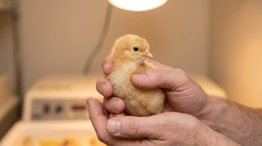 hatchery worker gently holding a day-old chick during vent sexing examination