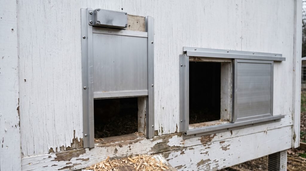 Vertical guillotine and horizontal sliding automatic chicken coop door designs shown side by side