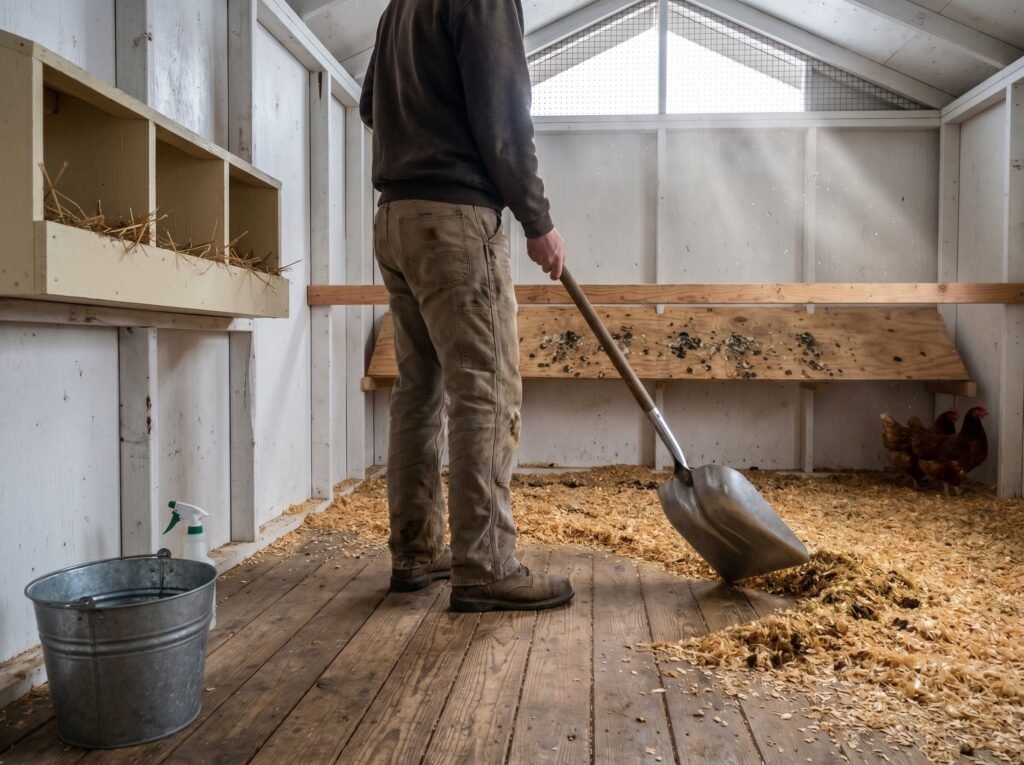 person cleaning walk-in chicken coop interior with shovel and droppings board visible
