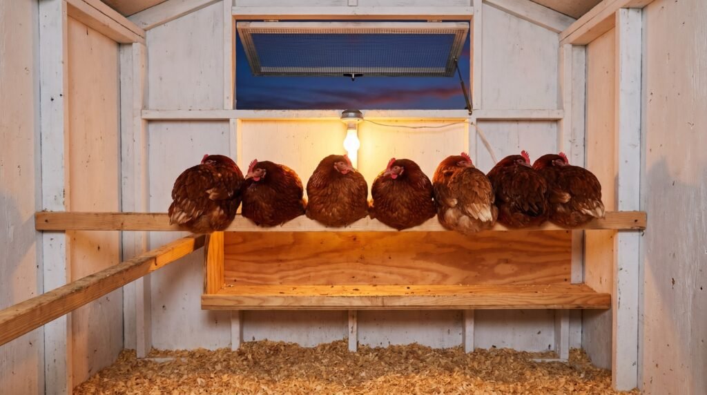hens roosting on a flat 2x4 bar inside a walk-in coop with a high gable vent open
