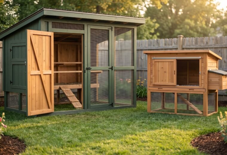 walk-in chicken coop and compact hutch coop standing side by side in a backyard