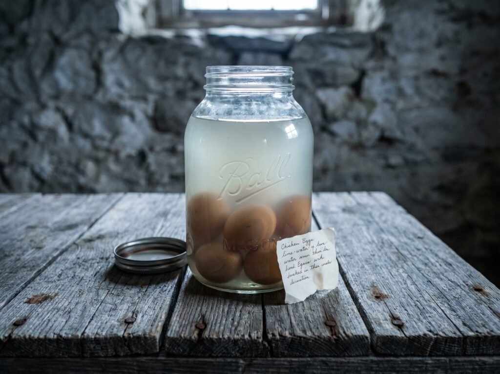 Brown eggs submerged in a lime-water solution inside a glass jar for water glassing
