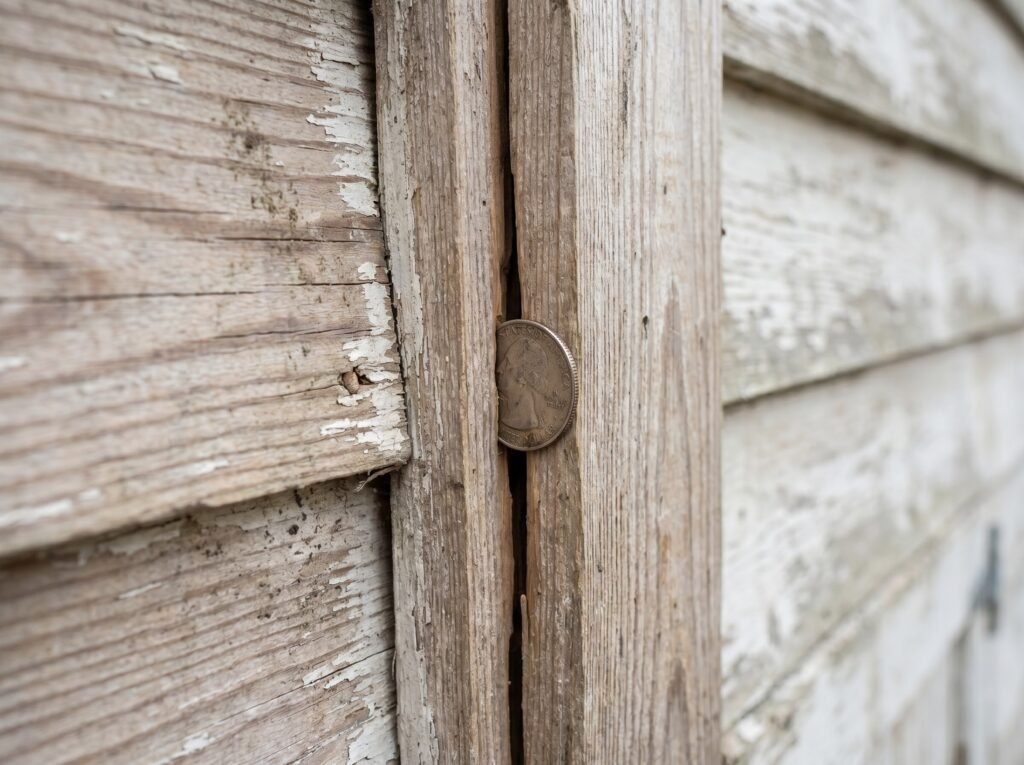 A quarter placed beside a small coop board gap showing how little space a weasel needs to enter