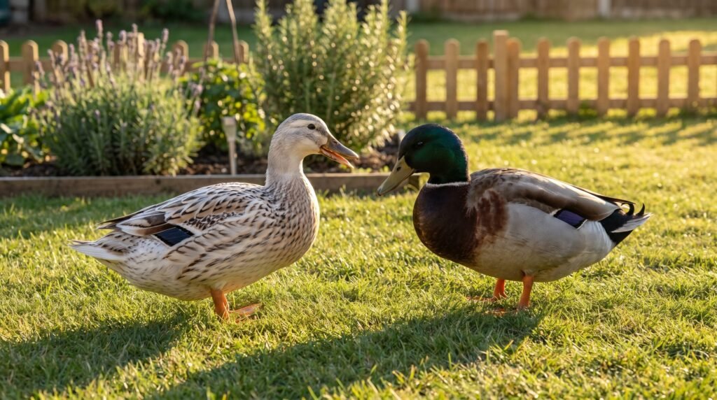Welsh Harlequin hen and drake standing on lawn showing their silver-patterned plumage