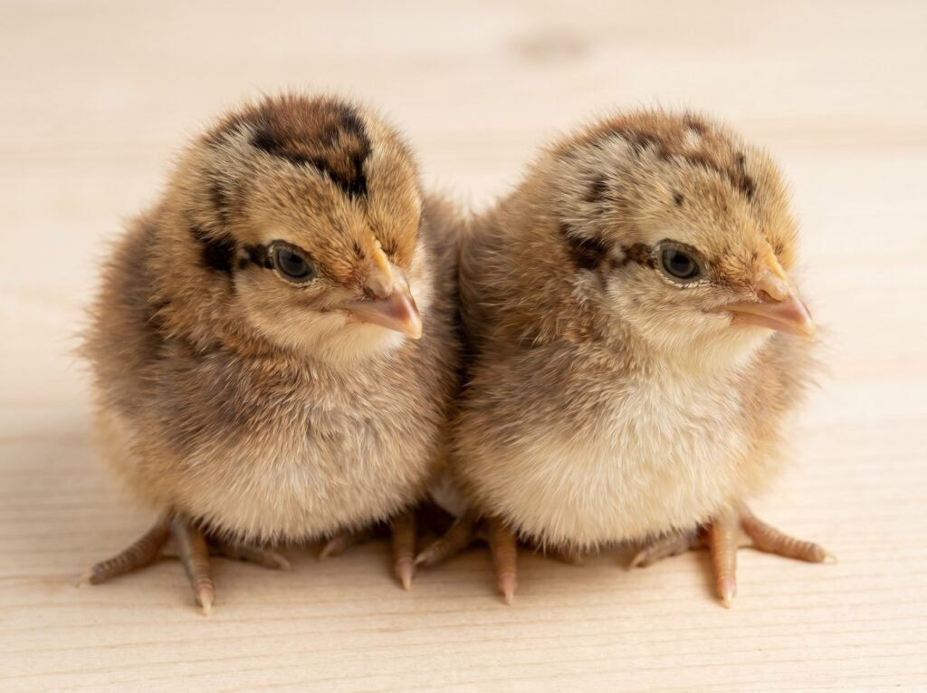 Day-old Welsummer female chick with sharp eyeliner marking beside male chick with blurry pattern