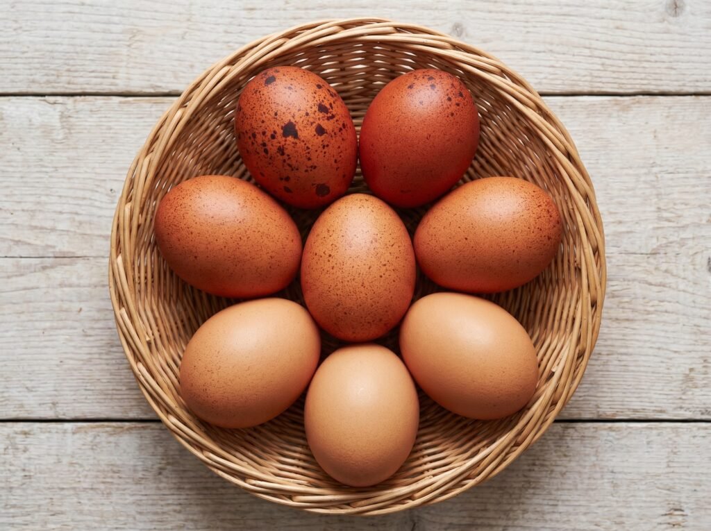 Basket of Welsummer eggs showing terracotta-to-tan color variation and dark speckles
