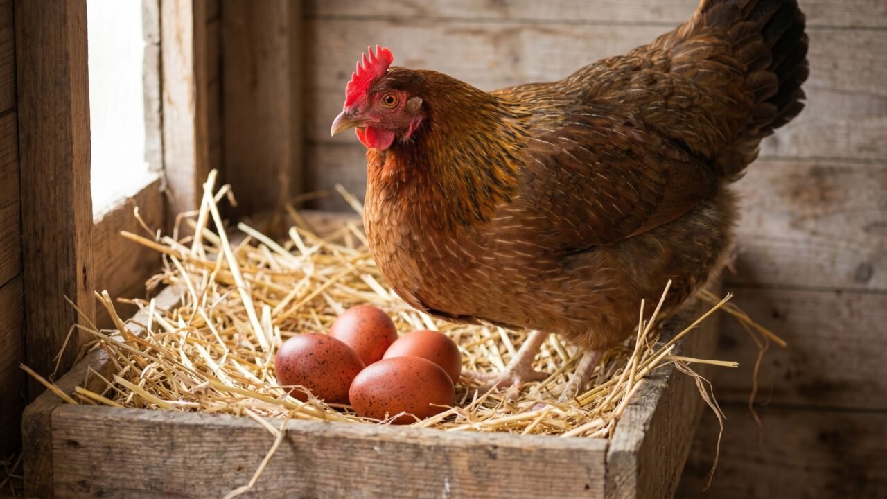 Welsummer hen beside terracotta-speckled brown eggs in a straw nest box