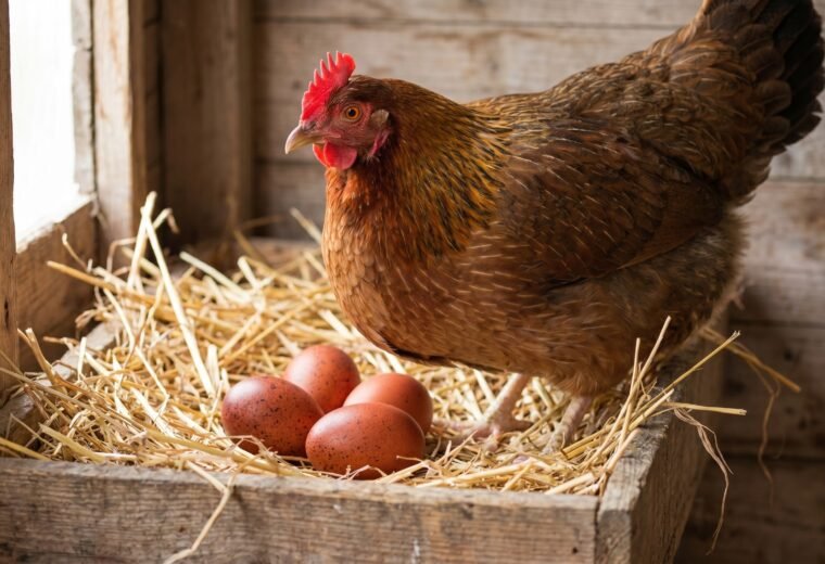 Welsummer hen beside terracotta-speckled brown eggs in a straw nest box