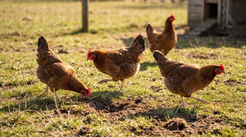 Welsummer hens foraging actively on open pasture in morning sunlight