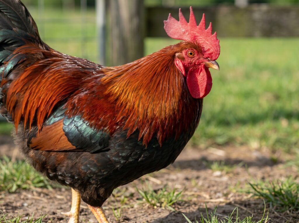 Welsummer rooster showing mahogany cape, black breast, and five-pointed single comb