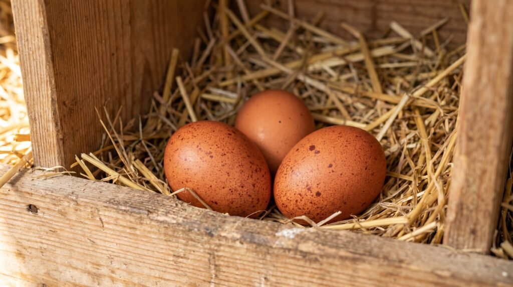 Three speckled Welsummer eggs resting on golden straw inside a wooden nest box
