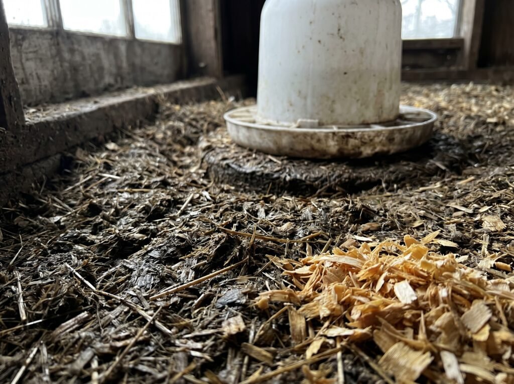 caked wet litter around a coop waterer showing the moisture problem to fix
