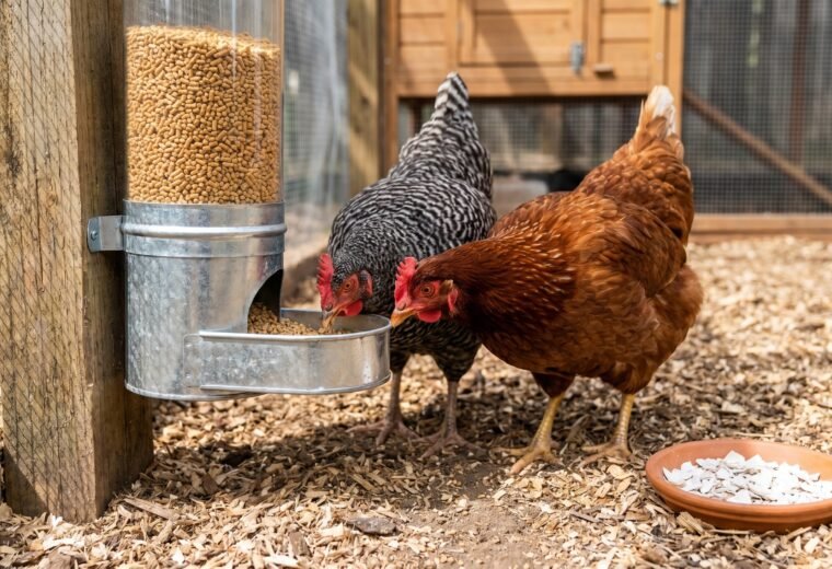 Rhode Island Red and Barred Rock hens feeding from a tube feeder filled with layer pellets