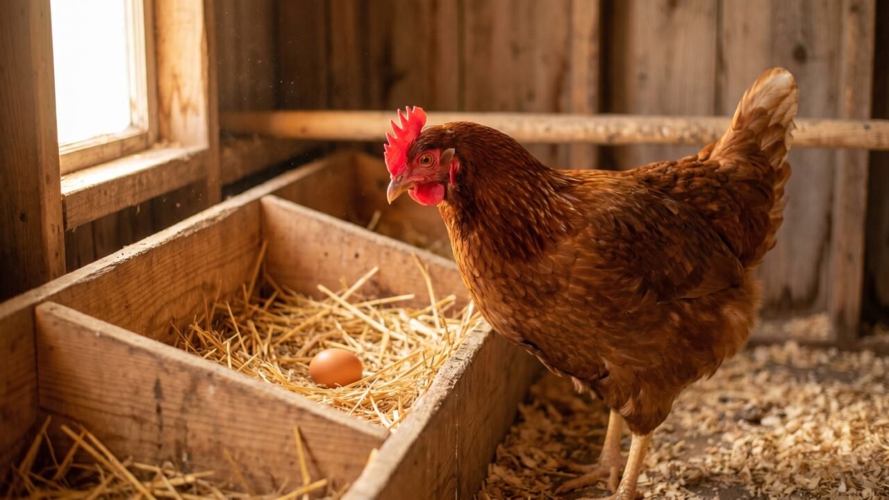 Young Rhode Island Red pullet with red comb standing beside a nesting box holding her first egg