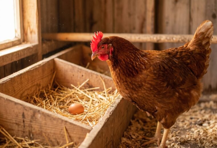 Young Rhode Island Red pullet with red comb standing beside a nesting box holding her first egg