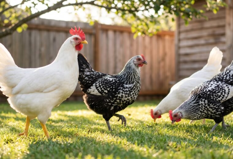 White Leghorn, Ancona, and Hamburg hens foraging together in a backyard flock on green grass