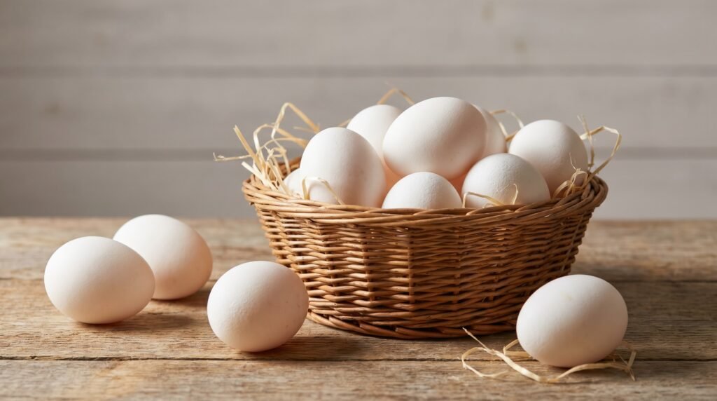 Fresh white chicken eggs of varying sizes collected in a wicker basket on a wooden farmhouse table