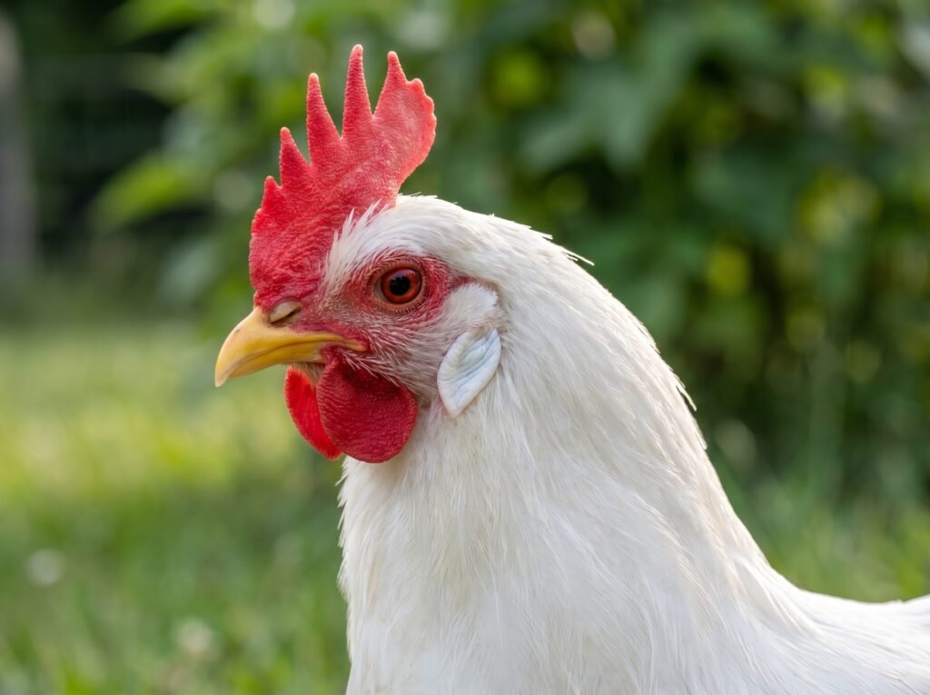 White Leghorn hen in close profile showing white earlobe, red comb, and alert expression