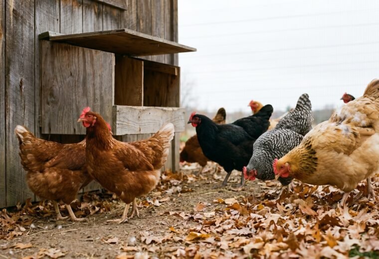 backyard chickens near empty nest box during autumn molt, flock not laying