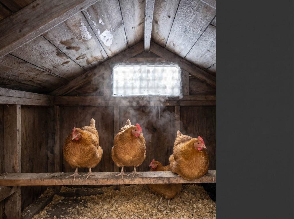 chicken coop roof vent with frosted walls and hens roosting on a wide 2x4 bar in winter