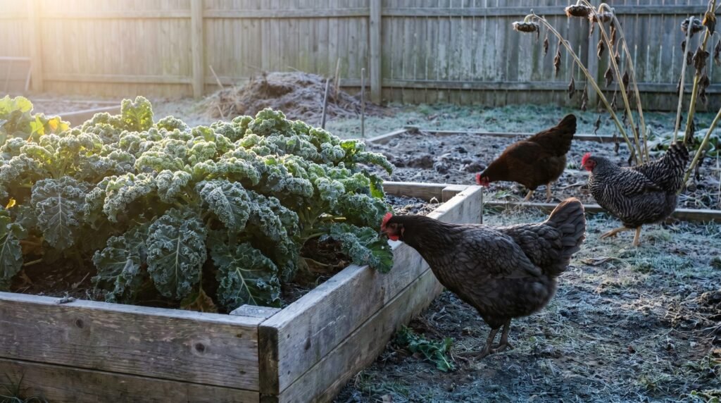 frost-dusted kale plants in a winter raised bed with a hen foraging at the edge
