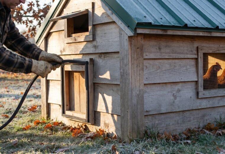 keeper sealing a chicken coop pop door with weatherstripping before winter frost